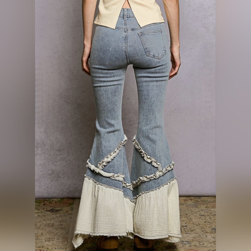 P110 NWT POL Flare Stretch Denim Twill Vintage Wash Pockets Raw Hem Sm Md Lg - Picture 6 of 15